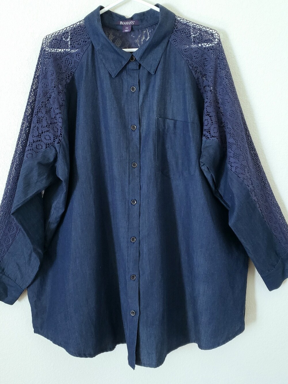 Roaman's Women's Plus Size 22W Blue Denim Button-Up Long Sleeve Lace Trim